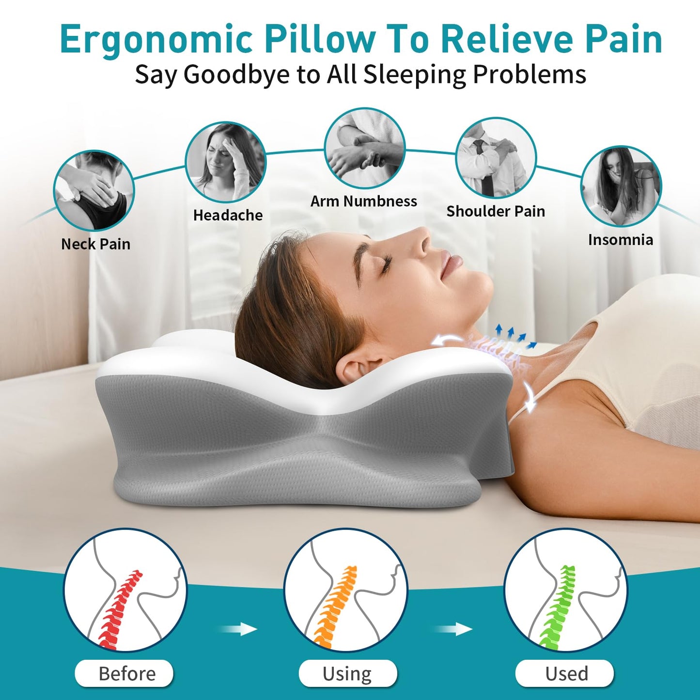 Besyodo Cervical Pillow for Neck Pain Relief - Ergonomic Neck Pillow for Sleeping, Contour Memory Foam Pillows Side Sleeper Pillow for Neck Support, Bed Pillow for Back Stomach Sleepers(White & Grey)
