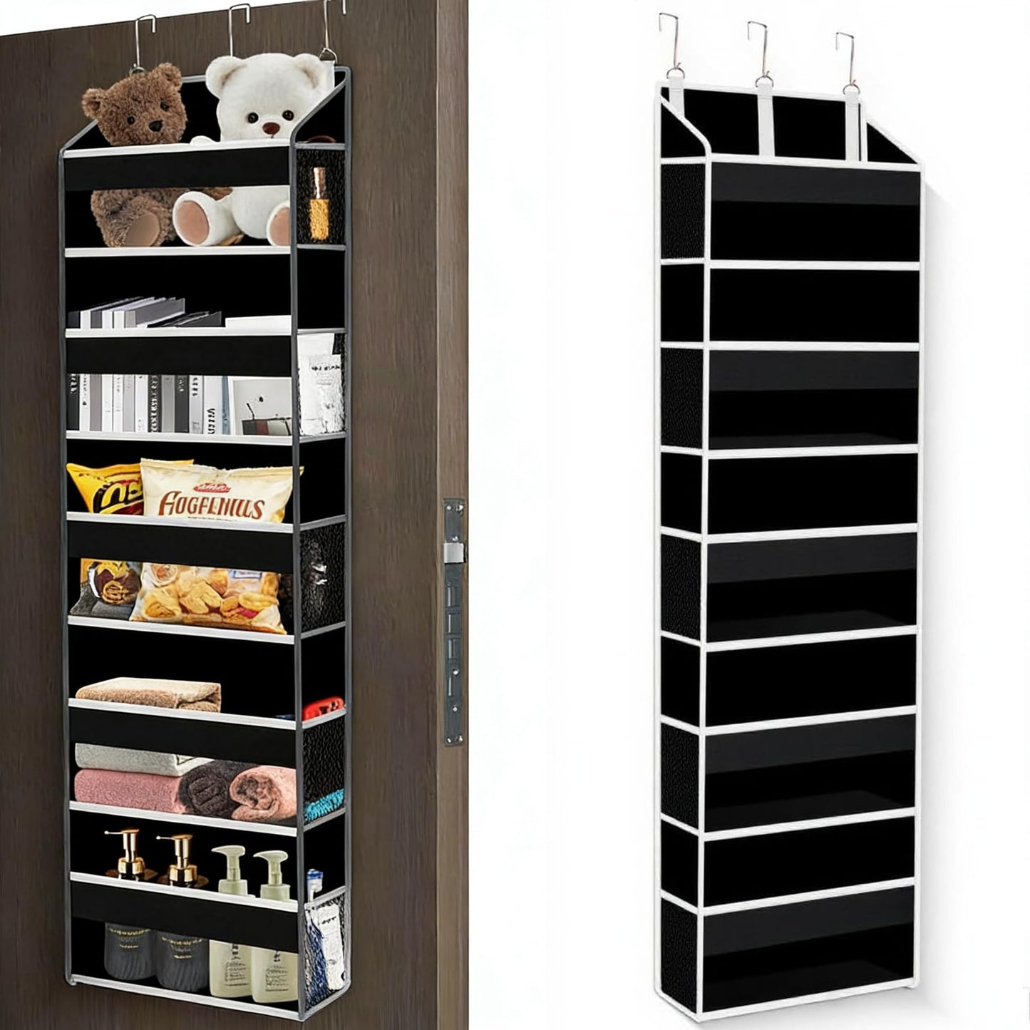 XiflLife Over The Door Organizer Closet,5 Bins 10 Side Pockets,Hanging Organizer,Anti Tilt 44 lbs Load Door Organizers and Storage with Clear Window for Bedroom,Nursery,Rv,Bathroom,Camper(Pure Black)