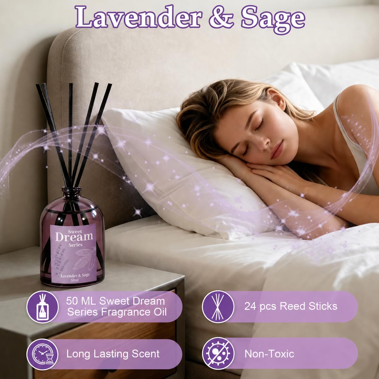 STRN Reed Diffuser Sets, Lavender Scented Oil Diffuser, Fragrance Reed Diffuser with 24 Sticks, 6.8 Fl.oz (200ml), 4 Scents Long-Lasting Air Freshener for Bedroom Bathroom Home Décor（50ml*4）
