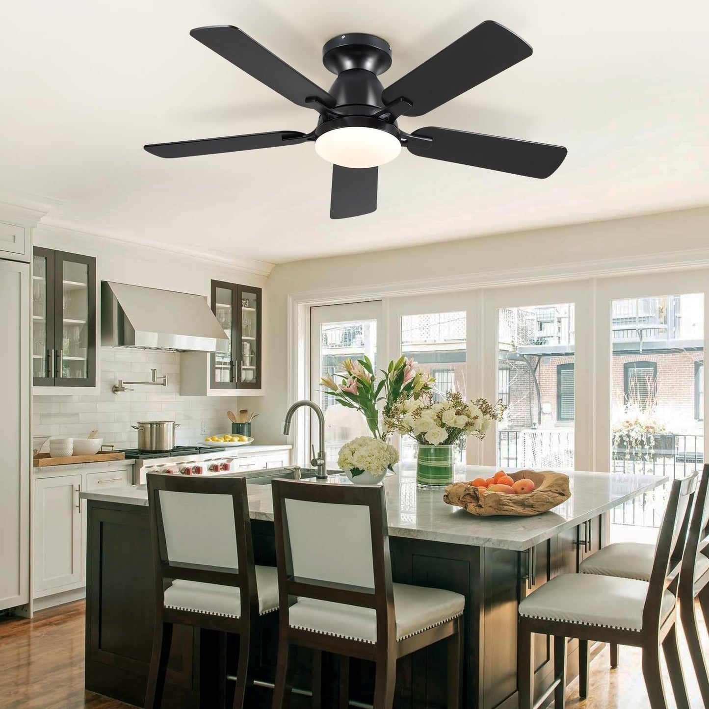 NSXQMUV 46 Inch Ceiling Fans with Lights and Remote, Modern Black Low Profile Ceiling fan with light for Bedroom Indoor/Outdoor, Flush Mount, Reversible Quiet DC Motor, Dimmable LED, Wooden Blades