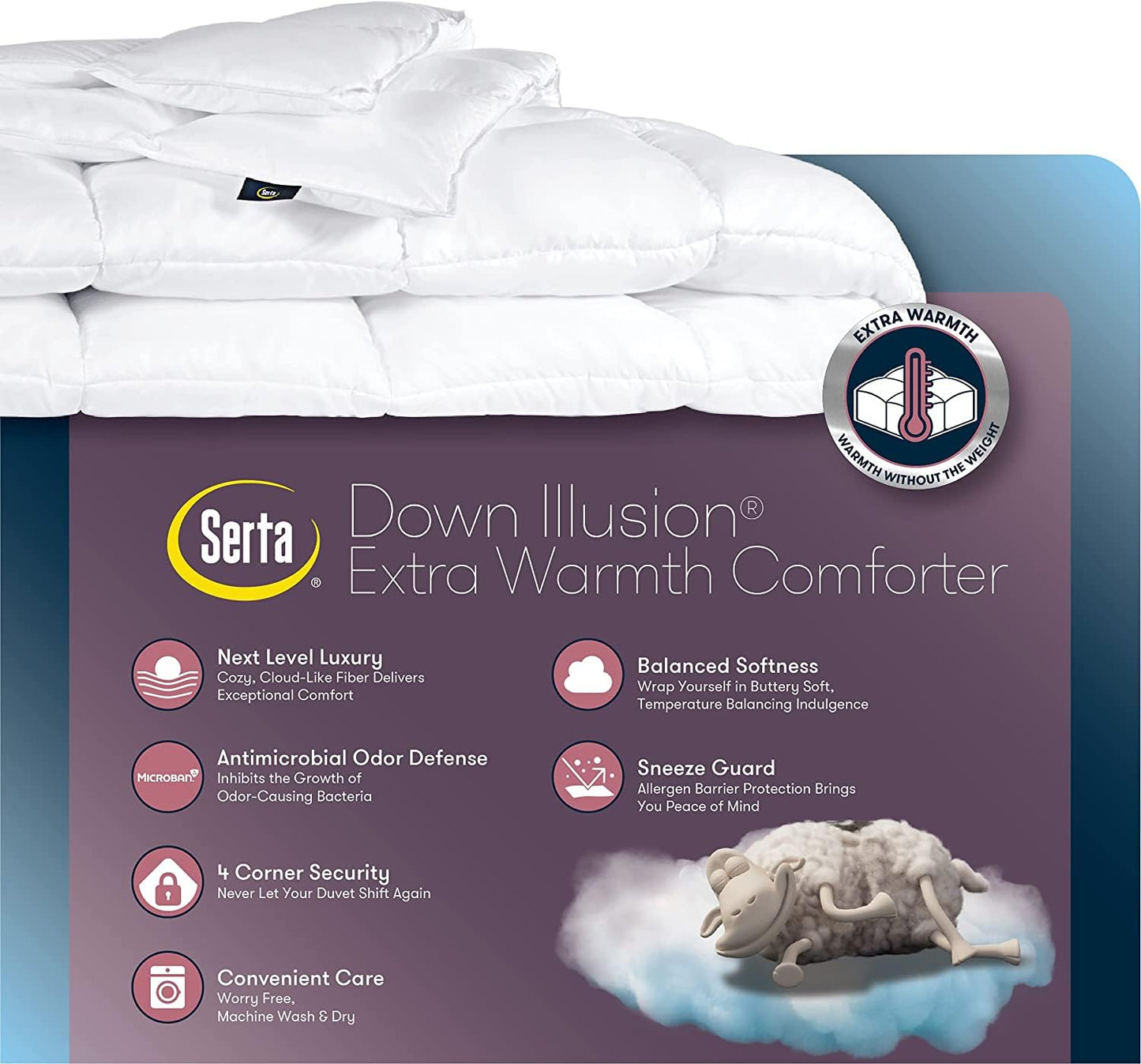 Serta Down Illusion Extra Warmth Hypoallergenic Down Alternative Comforter with Corner Loops, Twin/Twin XL, White