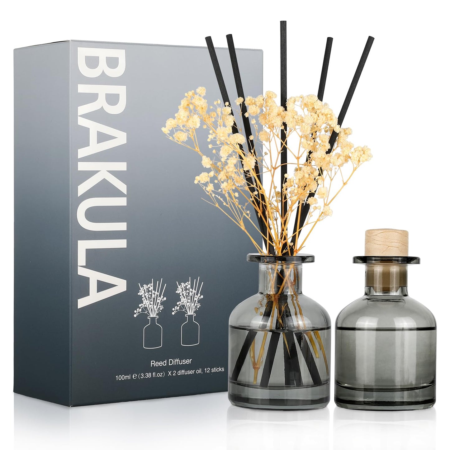 Brakula 2 Pack Reed Diffuser, White Jasmine + Eucalyptus & Wild Mint (3.38 fl oz Each Pack), Home Fragrance with 12 Sticks, Shelf Decor, Reed diffusers for Home