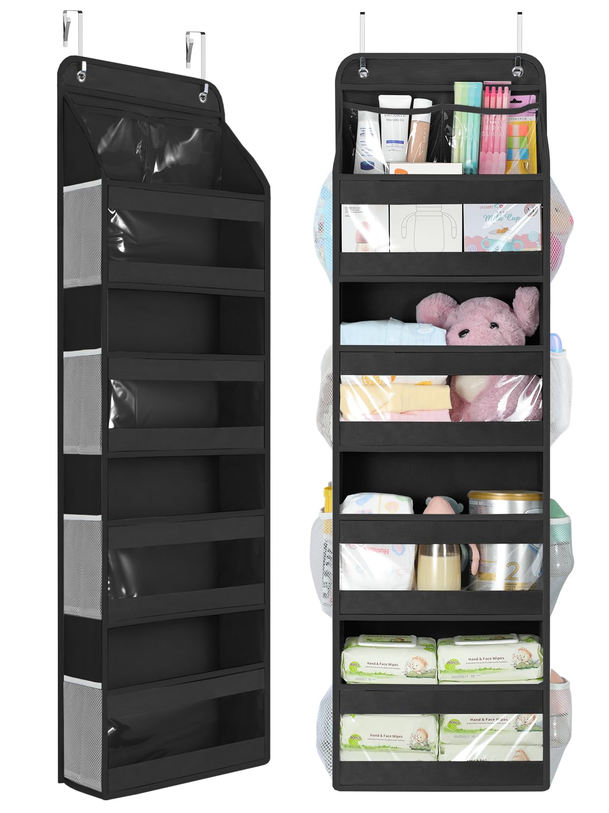 Yecaye 5 Tier Over the Door Organizer, Swing-proof Door Organizer Hanging with Clear PVC Windows, Behind the Door Storage for Bedroom Nursery Closet Laundry Pantry Bathroom, Black