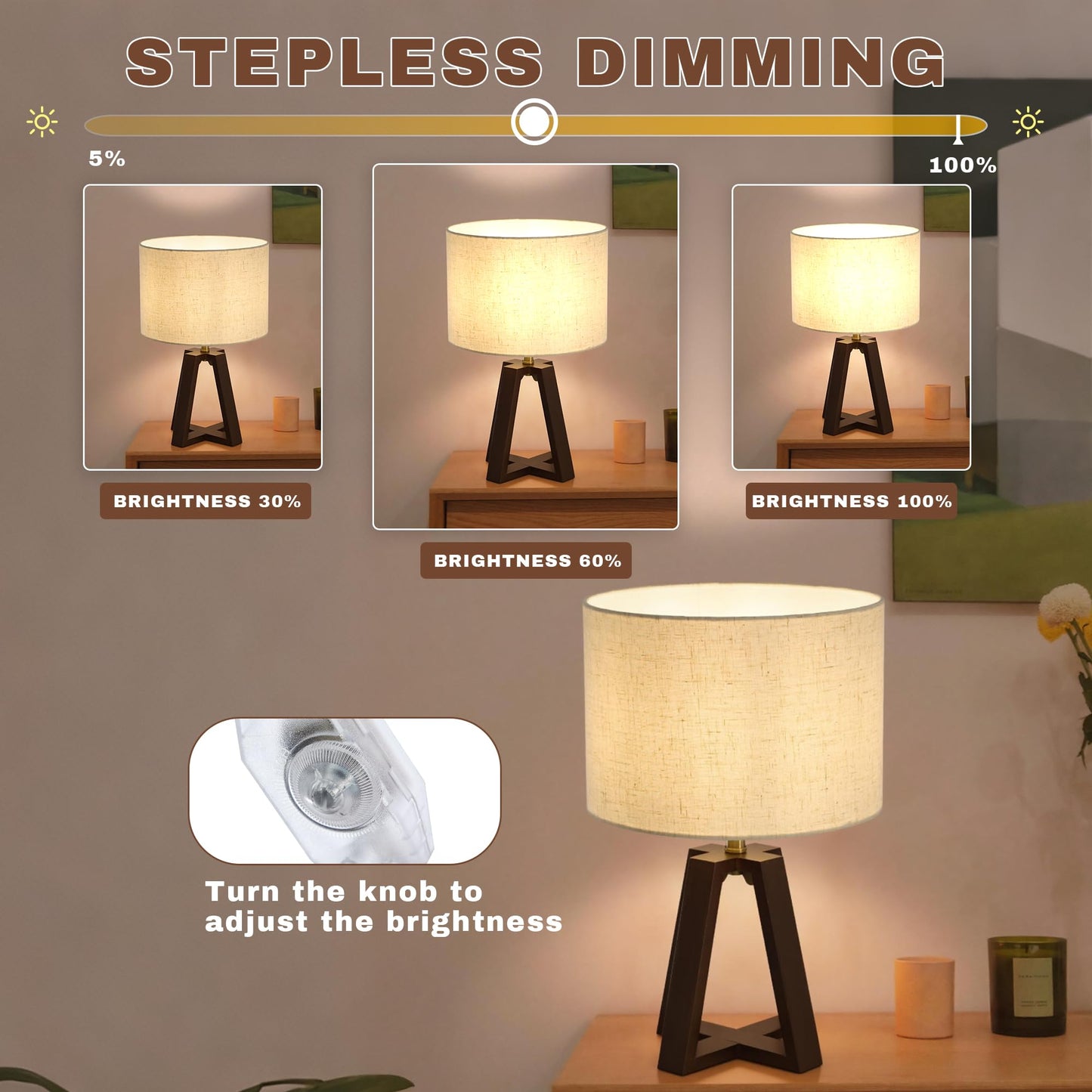 Booniture Cross-Base Table Lamp, Small Bamboo Bedside Lamp with Beige Linen Lampshade, Boho Modern Nightstand Lamp for Bedroom Living Room Office,E26 Socket, Walnut