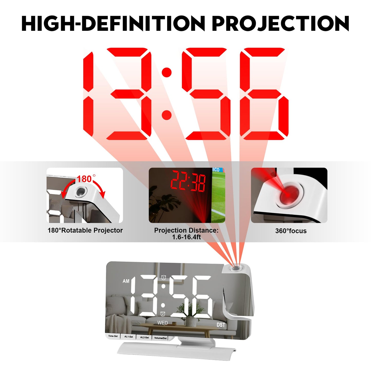 Amgico Projection Alarm Clock,Digital Clock with Projection,7.3" Mirror Clock with 180°Rotating Projector,Dual Alarm with 3 Mode,Bright Adjust,DST,Snooze,Charging Port,5 Levels Volume for Desk Teens