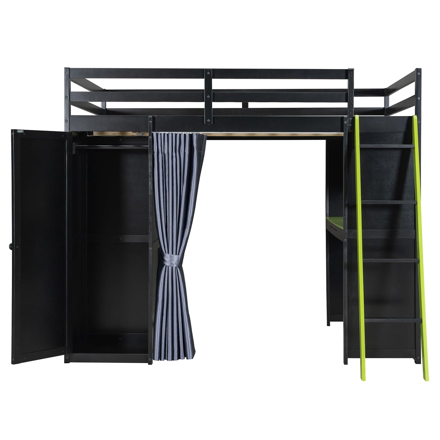 Merax Wood Loft Bed with Wardrobe,Shelves,Blackout Curtains and RGB Lights, Full Size, Black+Green