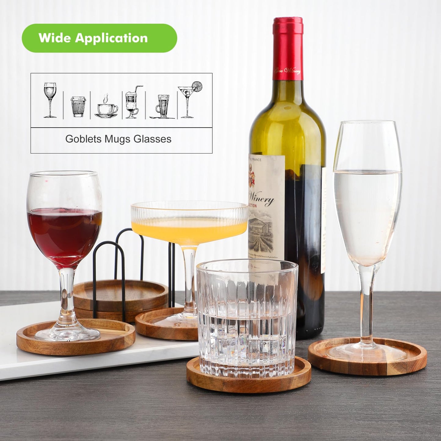 WLWNWFT Acacia Wood Coasters for Drinks with Lip 3.94in, Round Drink Coasters with Holder for Coffee Table Dining Table Wooden Table Coasters for Farmhouse Desk, Set of 6