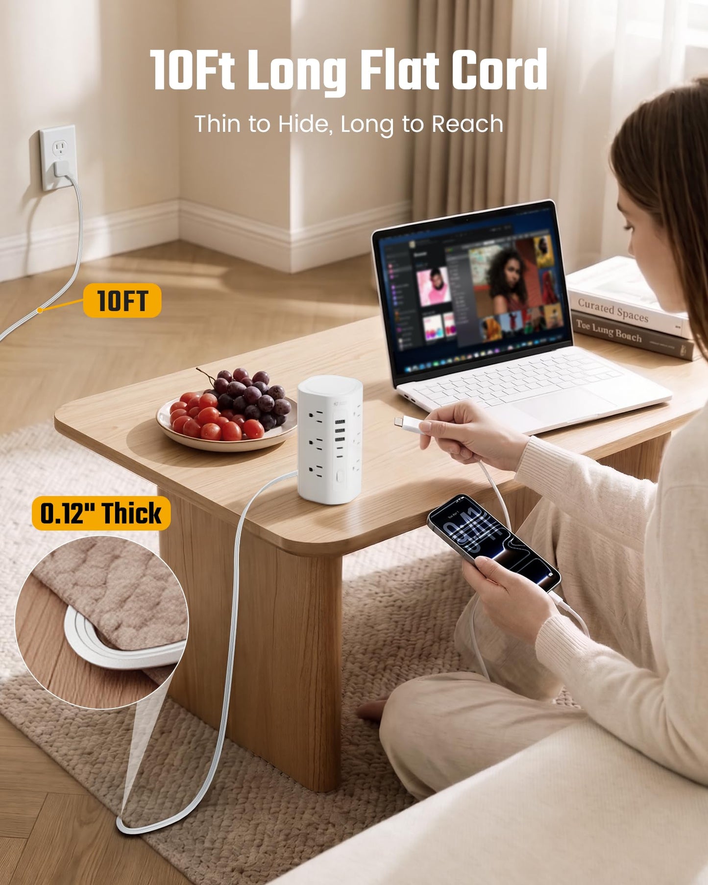 10Ft Extension Cord Power Strip Tower with Multiple Outlets, Flat Plug Power Tower 1700J Surge Protector, 12 AC Outlets 5 USB Ports (2 USB C), Desk USB Charging Station, Home Office Dorm Room, White