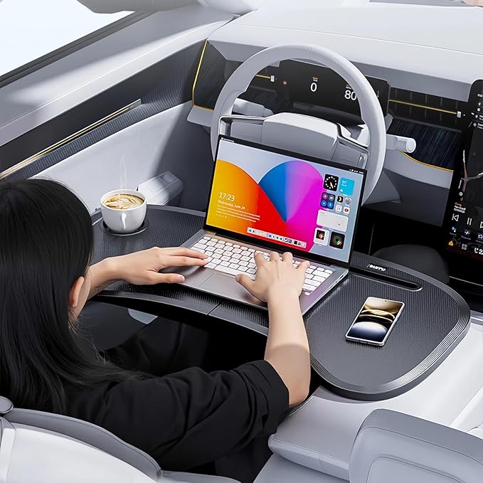 Car Laptop Desk for Tesla Model Y 3, Car Desk Steering Wheel Tray, Foldable Car Table Tray, Foldable Desk Food Tray for Eating and Traveling
