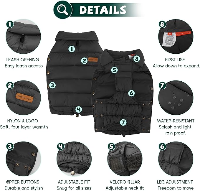 SPACE LION Dog Puffer Jacket, Down Winter Coat, Durable Outdoor Coat for Cold and Windy Conditions, Lightweight & Adjustable Fit Coats for Medium Dogs, (Black, Size14/L)