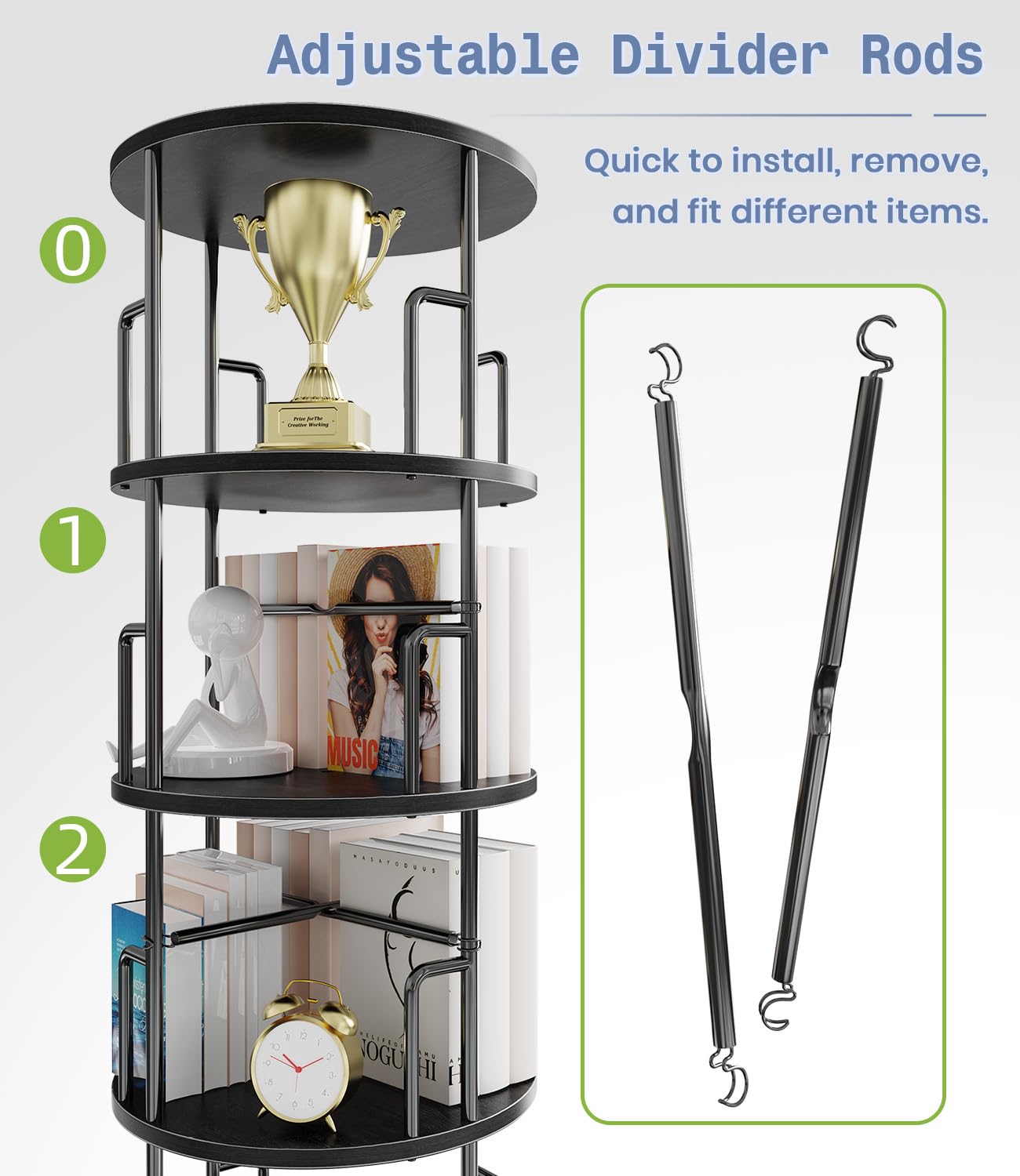 5 Tier Rotating Bookshelf Tower Round Black,62”Tall Standing Spinning Bookshelf Tower Anti-Tipping Design,Metal & Wood Revolving Bookcase Stackable Space Saving for Small Spaces,Study,Living Room