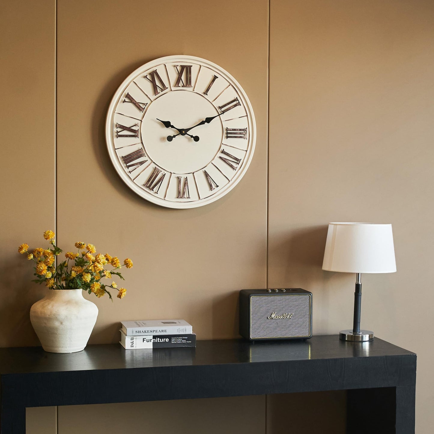 PILIHOME Large Farmhouse Wall Clock - 24 Inch, Rustic White, Distressed Roman Numeral, Metal Face, Battery Operated, Modern Farmhouse Decorative Wall Clock for Living Room Decor