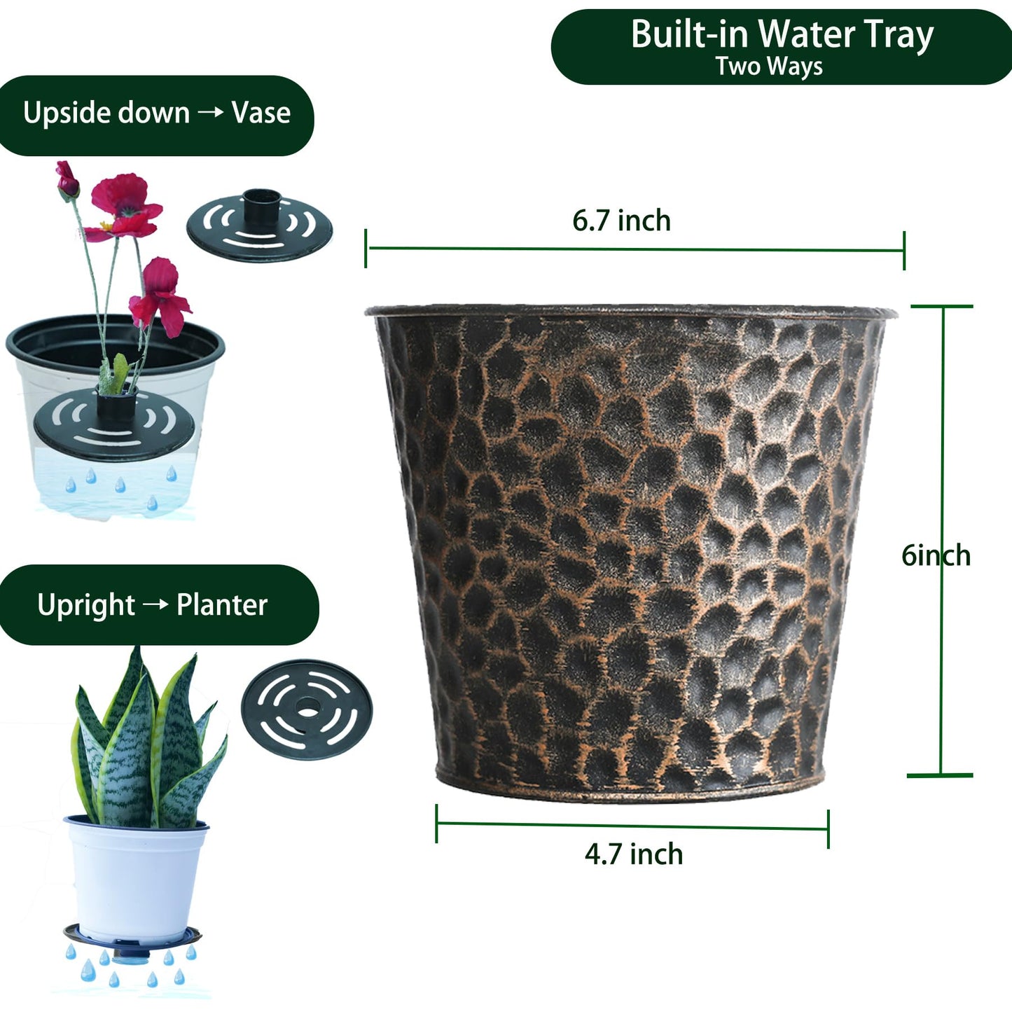 UltiTeque 6in Metal Copper Planter Set of 2, Hammered Plant Pots 6" H×7" W, Built-in Tray & Inner Pots, Use as Vase/Candle Holder/Christmas Decor, Includes Pebbles, for Indoor/Outdoor Plants