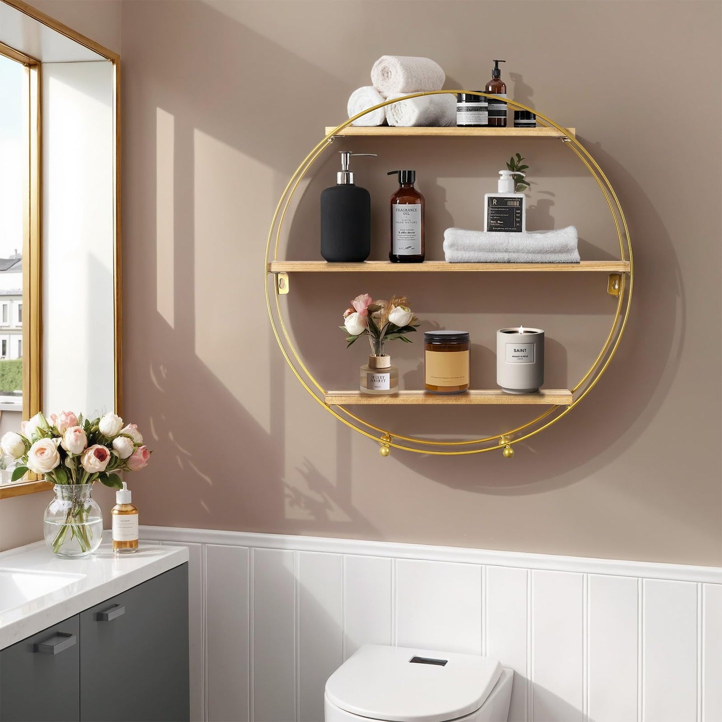 Joveco Round Wall Shelf Gold, 3 Tier Metal & Wood Circle Shelf Set, Round Shelves Wall Decor for Living Room,Bedroom,Bathroom (Gold)