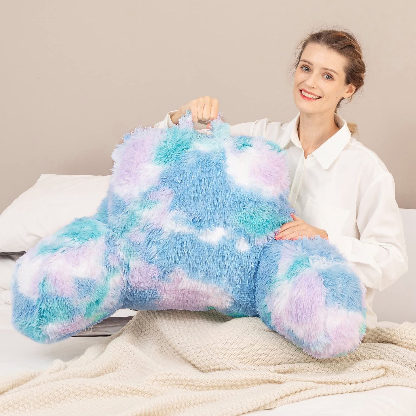 Bedriping Reading Pillow for Bed Adult - Faux Fur Backrest Pillow with Arms, Ergonomic Back Rest Pillow for Sitting Up in Bed, Extra Fluffy Sit Up Pillow, Students, Teens, Kids Study Pillow, Xmas Gift