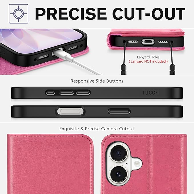 TUCCH Case Wallet for iPhone 17 (6.3-Inch) 2025, [3 Card Slots] Kickstand [RFID Blocking] PU Leather Case, Flip Folio Cover with [TPU Shockproof Interior Shell], Hot Pink