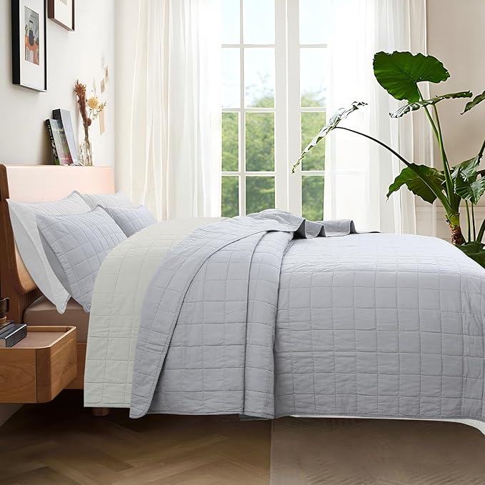 100% Cotton Quilt Sets Queen Size- Soft Lightweight Quilt Bedding Set for Bedroom Decor- Bedspread in Geometric Pattern with 2 Pillow Shams for All Season, 90x98 inches