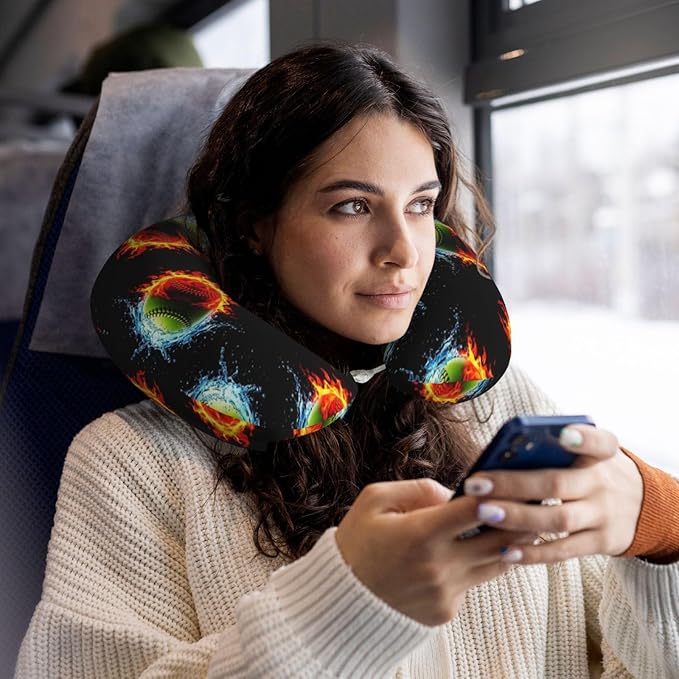 Comfortable Memory Foam Neck Pillow Ice Water Fire Flame Softball Baseballs, Travel U Shaped Airplane/Car/Flight Pillows with Removable Zipper Cover, Chin Head Neck Support Cushion