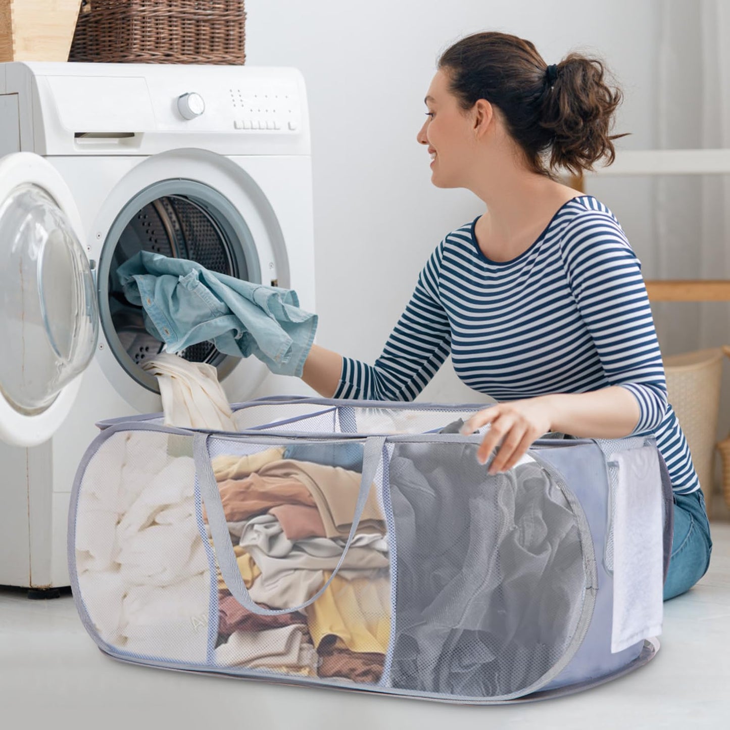 Durable Collapsible Foldable Pop Up Laundry Hamper, Sturdy 3 Compartments, Handy Pocket & Easy to Sort Clothes Hampers for Dorm, Kids Room, Travel - Grey