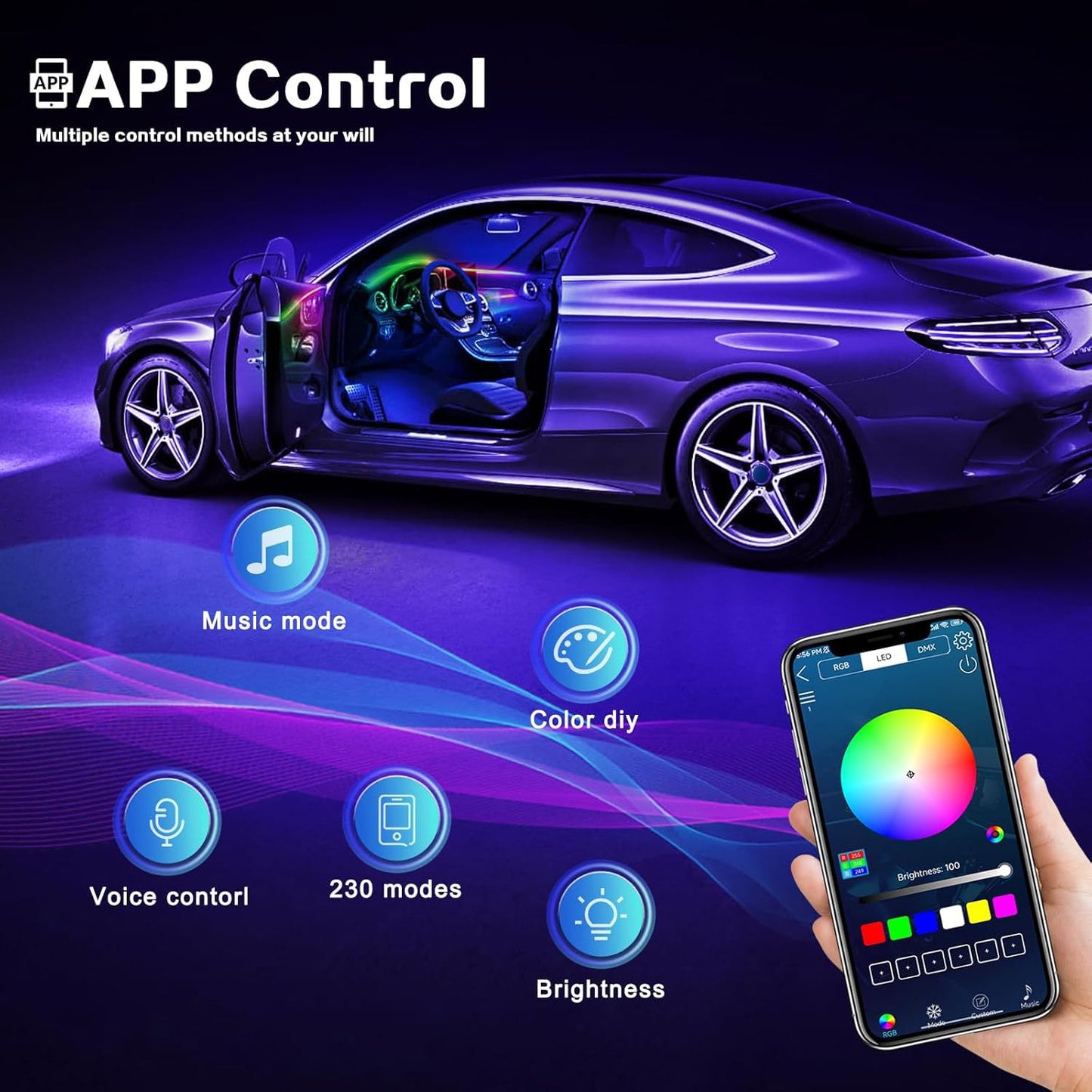 Dreamcolor Acrylic Interior Car LED Strip Light with Wireless APP, RGB 6 in 1 with 175 inches 593 LEDs Fiber Optic Strip Lights for Car, Dynamic Chasing Music Sync Neon Car Ambient Lighting Kits