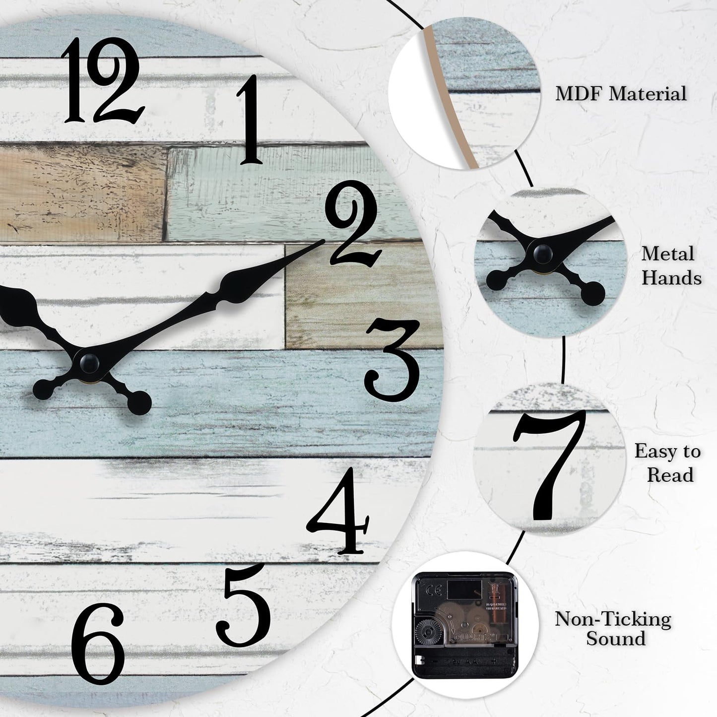 KECYET Wall Clock Battery Operated 18 Inch Large Silent Non Ticking Coastal Design Country Rustic Retro Decorative for Bathroom Kitchen Living Room Bedroom