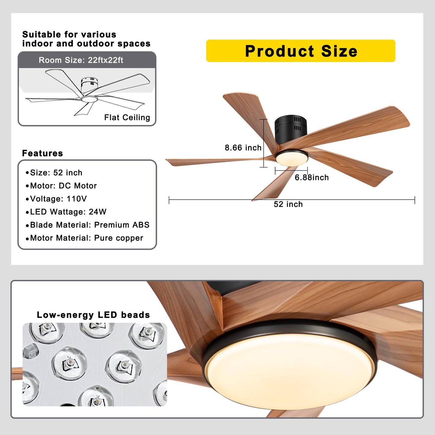 Ohniyou 52” Flush Mount Farmhouse Ceiling Fan with Lights, Remote & APP Control Low Profile Indoor Outdoor Ceiling Fans, Dimmable, Quiet DC Motor, Reversible, Black+Wood Color