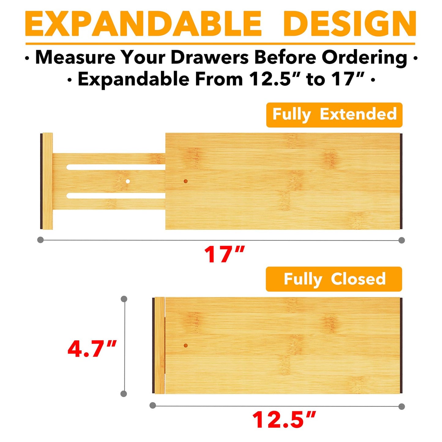 SpaceAid Bamboo Dresser Drawer Dividers 6 Pack, 4.65“ High Adjustable 12.5“-17” Drawer Organizers, Expandable Organization for Clothing, Clothes, Dressers, Natural