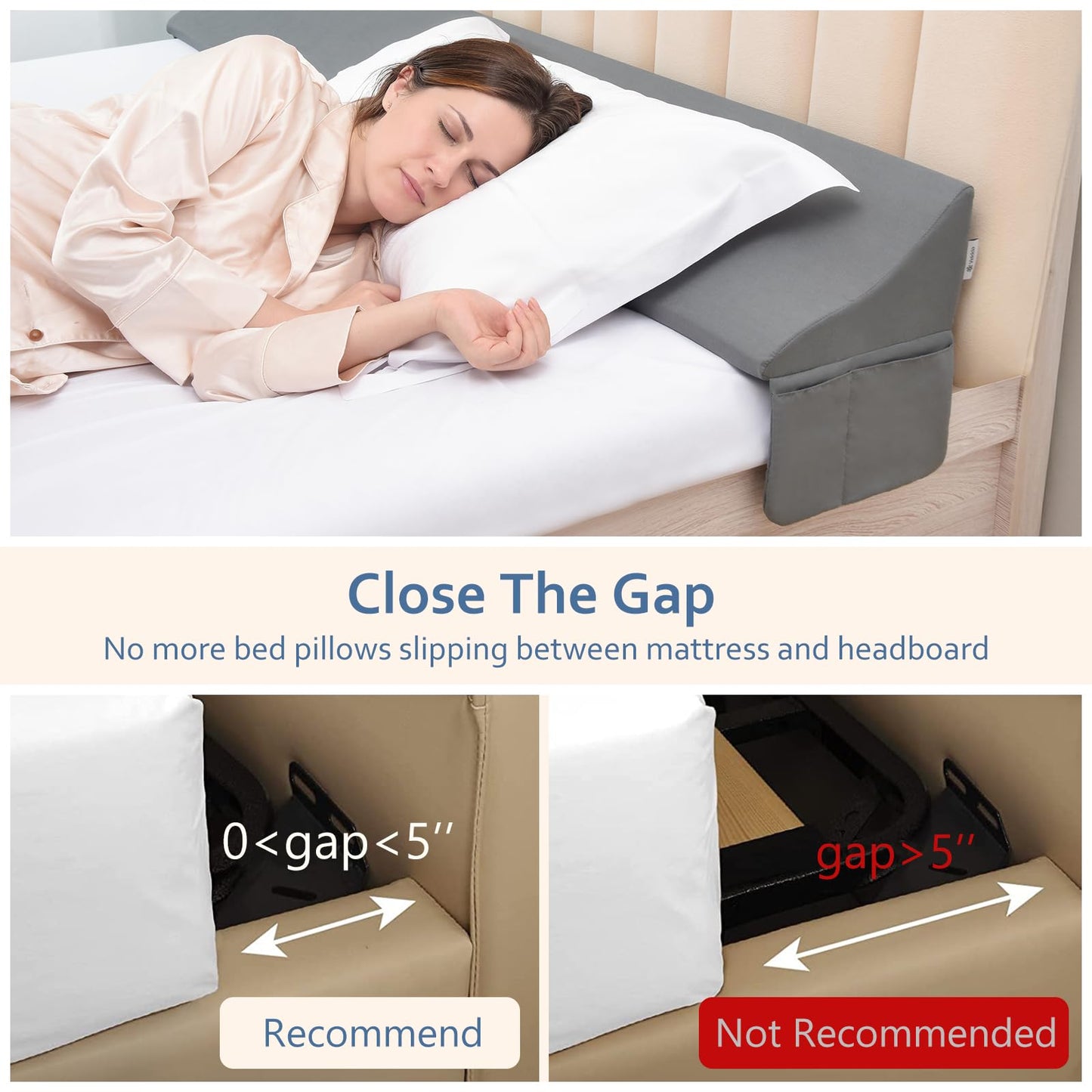 Vekkia King Bed Wedge Pillow for Headboard Gap – 0–6" Bed Gap Filler with Firm Foam Support & Extra-Large Pockets – Prevents Lost Pillows, Phones & Small Items (Gray)