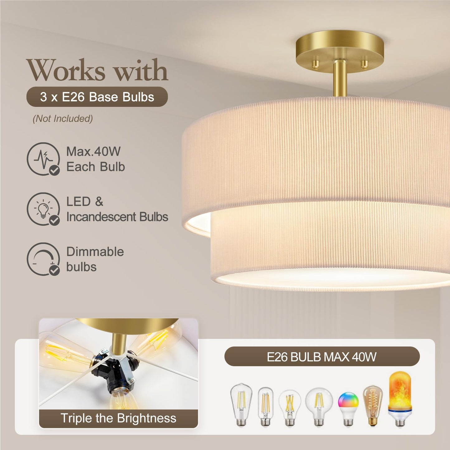 BoostArea 2-Tier Corduroy Semi Flush Mount Ceiling Light, 16.5'' Gold Drum Ceiling Fixture with Beige Fabric Shade, Soft Ambient Glow Close to Ceiling Lamp for Bedroom/Dining Room/Entryway/Low Ceiling