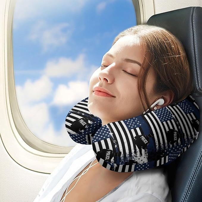Travel Neck Pillow Memory Foam Chin Cushion America Thin Blue Line Flag Police, Washable Cover for Men Women Youth Airplane Car Pain Relief