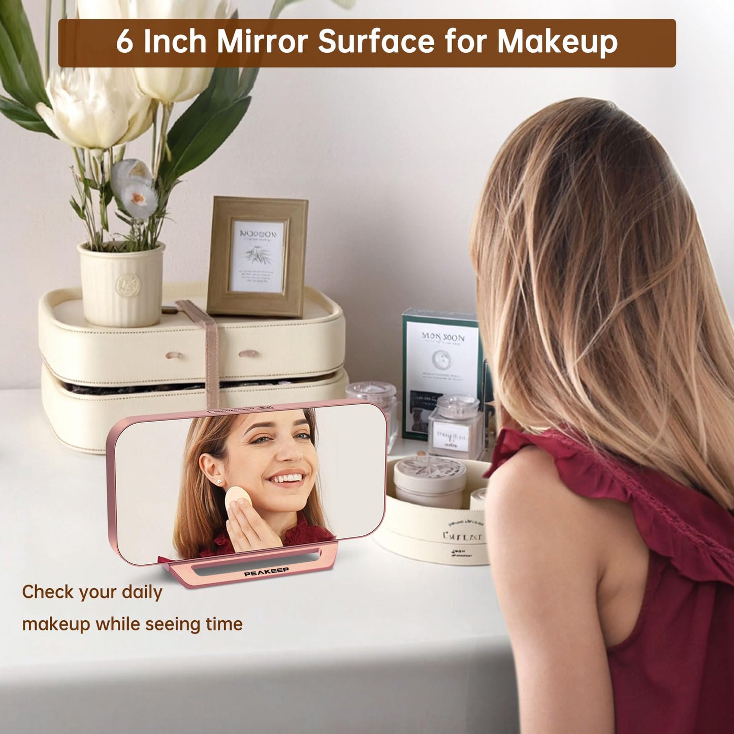 Peakeep Slim Digital Mirror Aesthetic Alarm Clock for Bedroom Living Decor, Plug in Electric Clock Big LED Modern Small Table Clock for Office Desk, Battery Backup, 6 Dimmers (Rose Gold)