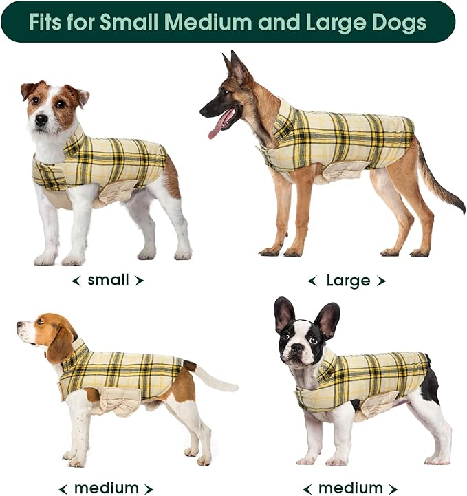 Kuoser Waterproof Dog Coat, Reversible Dog Jacket for Medium Dogs, Adjustable Durable Doggie Winter Coat Warm Puppy Cold Weather Apparel from Small to Large Breed, Yellow M
