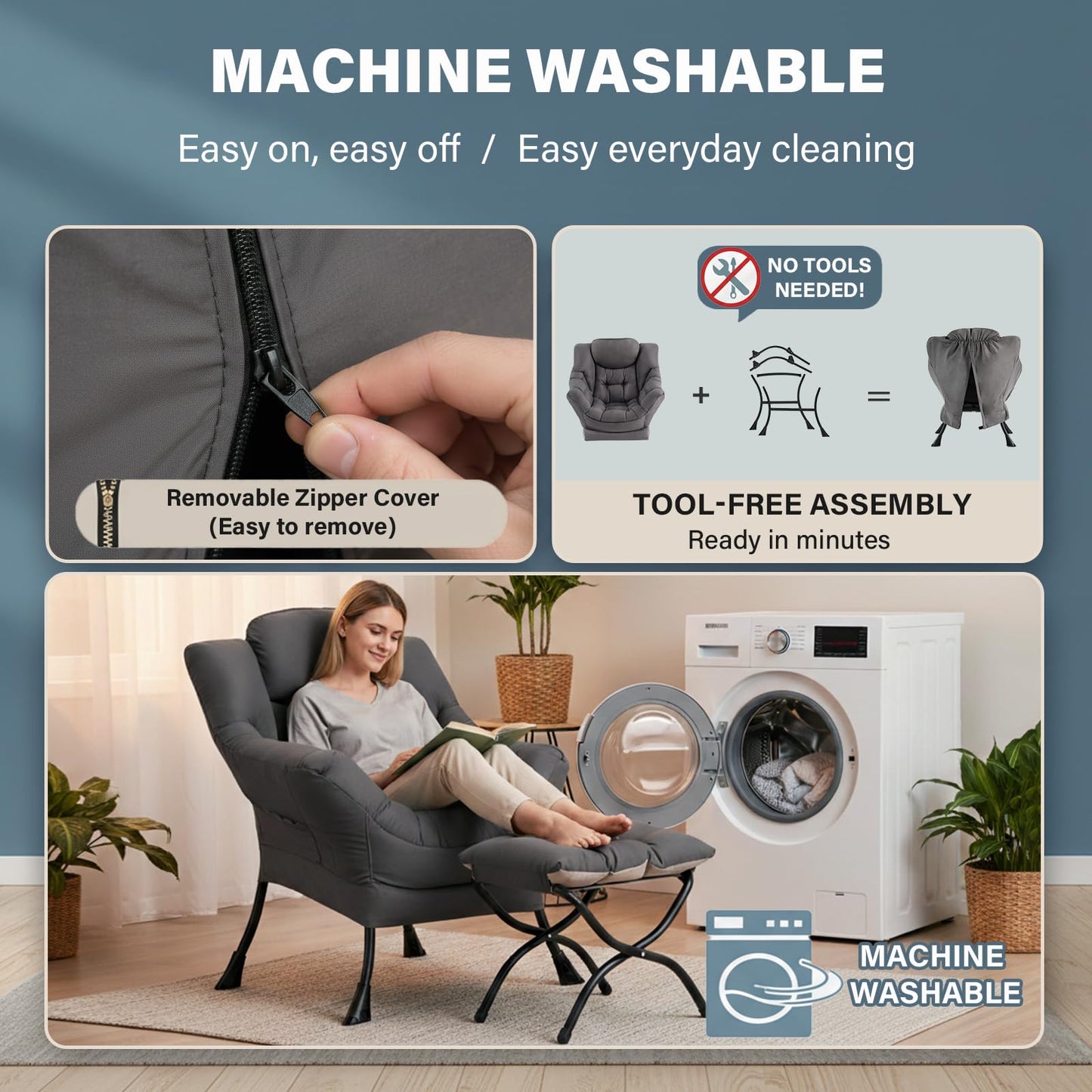 Givjoy Lazy Chair with Ottoman, Large Dark Grey Accent Chair with a Side Pocket, Modern Leisure Upholstered Sofa Reading Armchair with Footrest for Office, Bedroom, Living Room, Dorm Rooms, Balcony