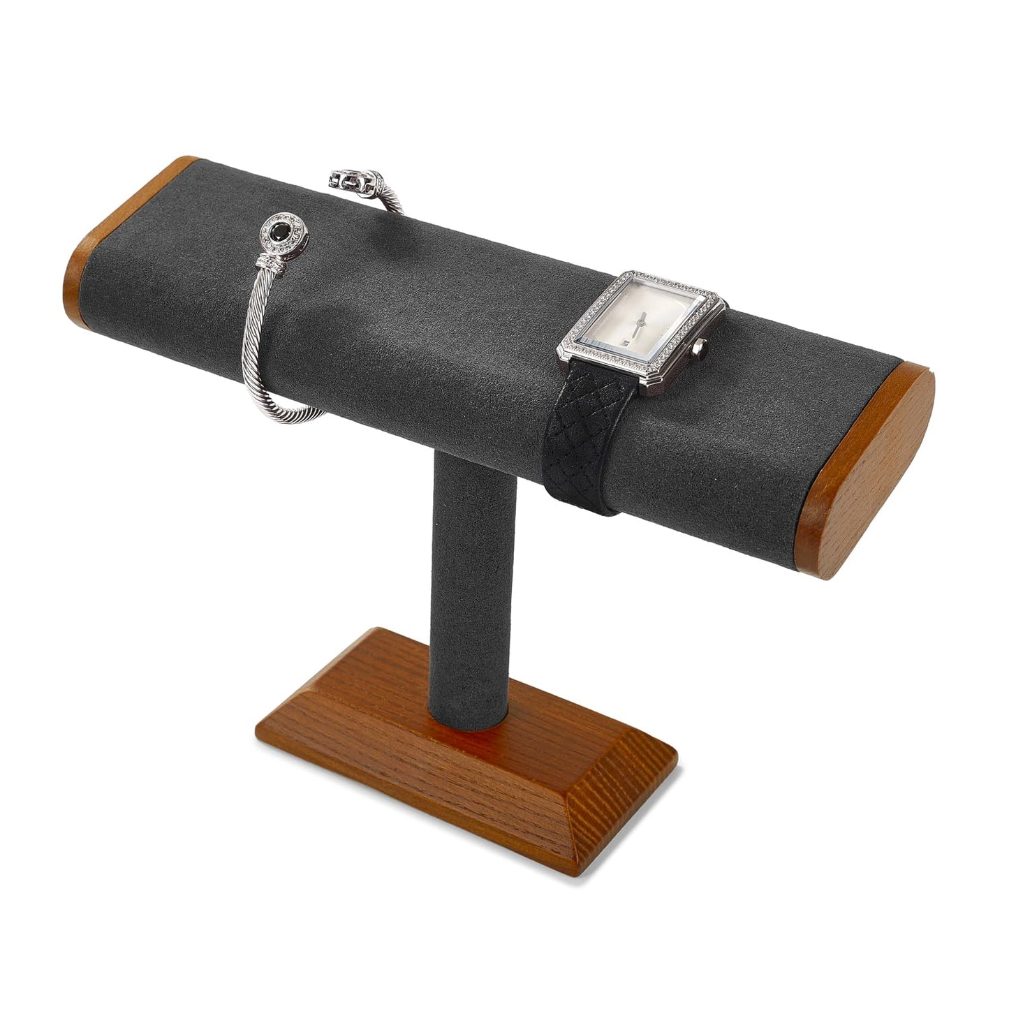 Oirlv Solid Wood T-Bar Watch Display Stand Jewelry Organizer Holder for Watch Bracelet Countertop Table Top Jewelry Tower(Grey)