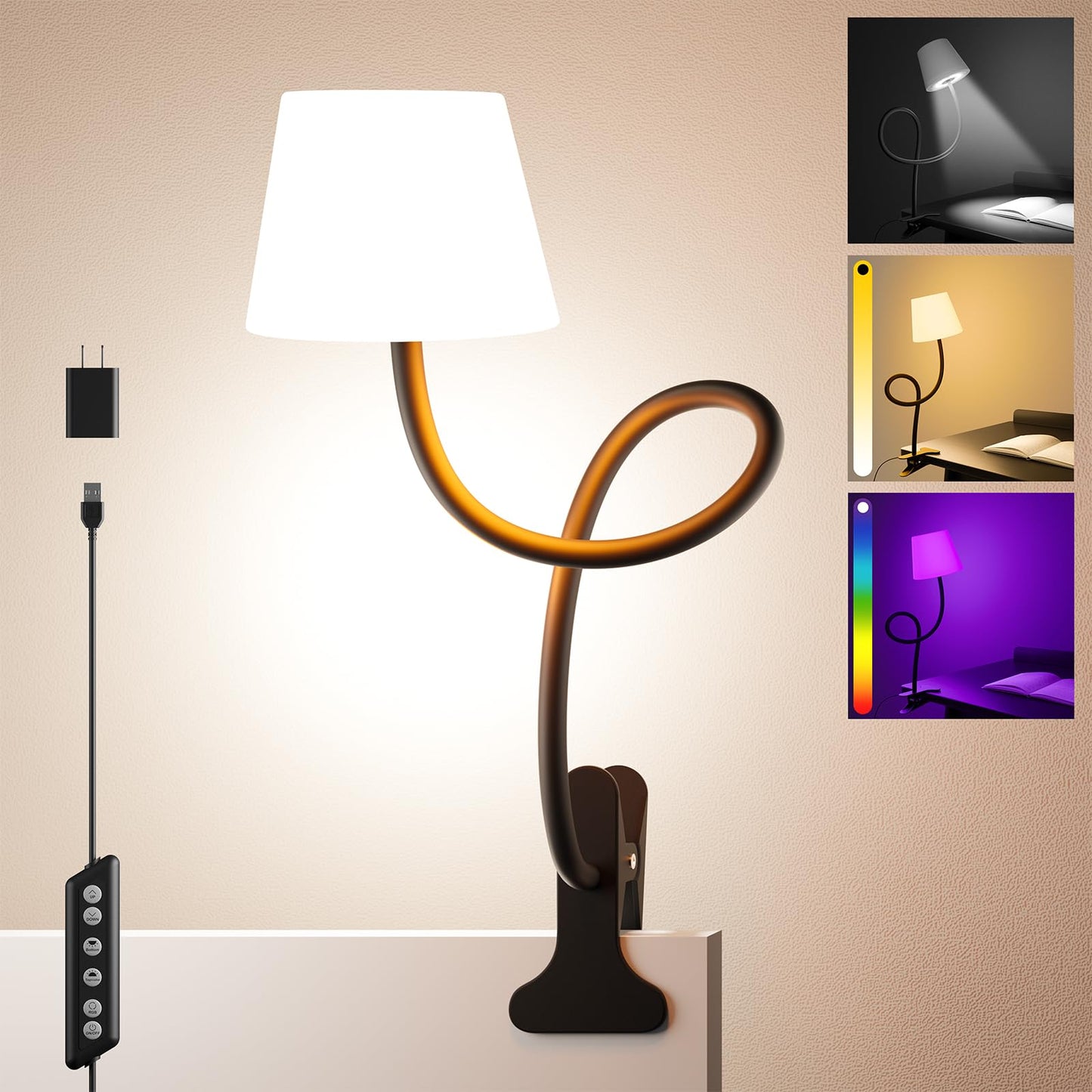 Rdzoko Clip on Light, Reading Light for Bed, RGB Lamp, Dimmable Desk Lamp with Clamp, College Dorm Room Essentials, Cute Bedside Night Light for Kids Headboard, Adapter Included Black