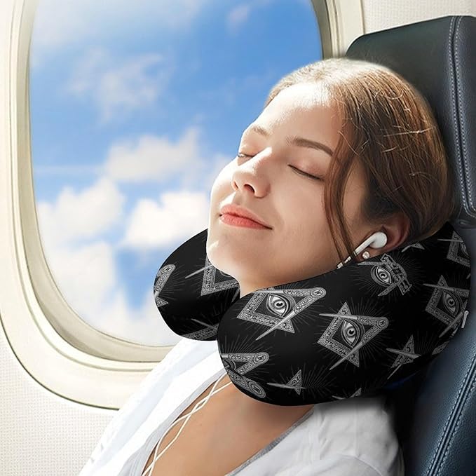 Funny Memory Foam Neck Pillow Travel U Shaped Cushion with Zip Cover, Chin Support for Airplane Car Office Home Nap, Freemasonry Freemason Eye Black