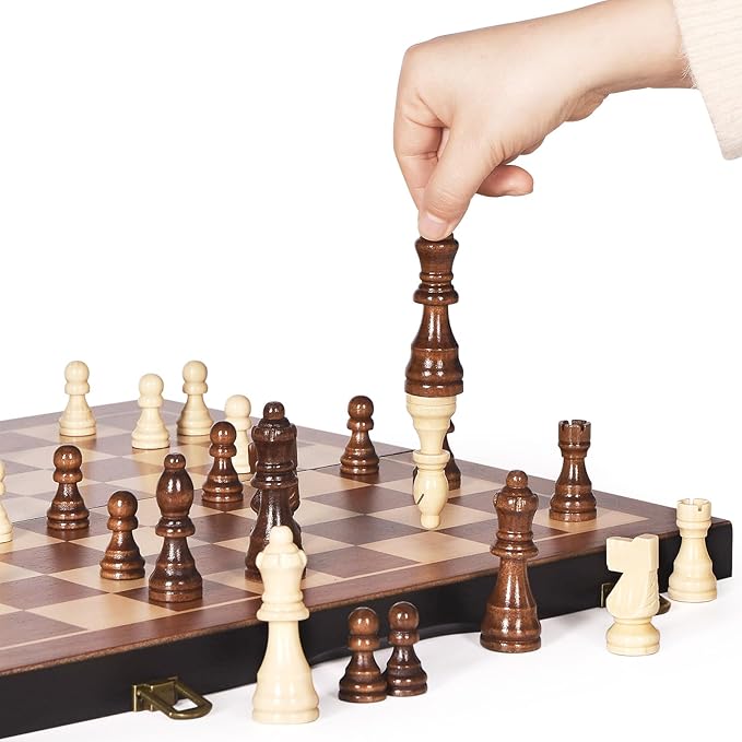 Chess Magnetic Wooden Chess Set 15" Unique Chess Board Game with Chess Pieces Storage Slots, Tournament Portable Folding Travel Chess Sets for Kids Adults Beginner and Pros, 2 Extra Queens