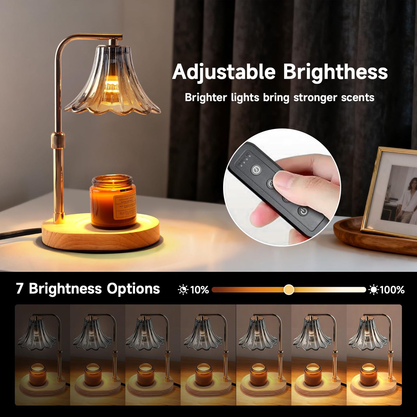 Candle Warmer Lamp with Timer and Dimmer - Adjustable Height Wax Melter for Scented Jar Candles, Vintage Glass Shade with Wood Base, Birthday Gifts for Women Mom, Housewarming Gifts, 2 Bulbs Included