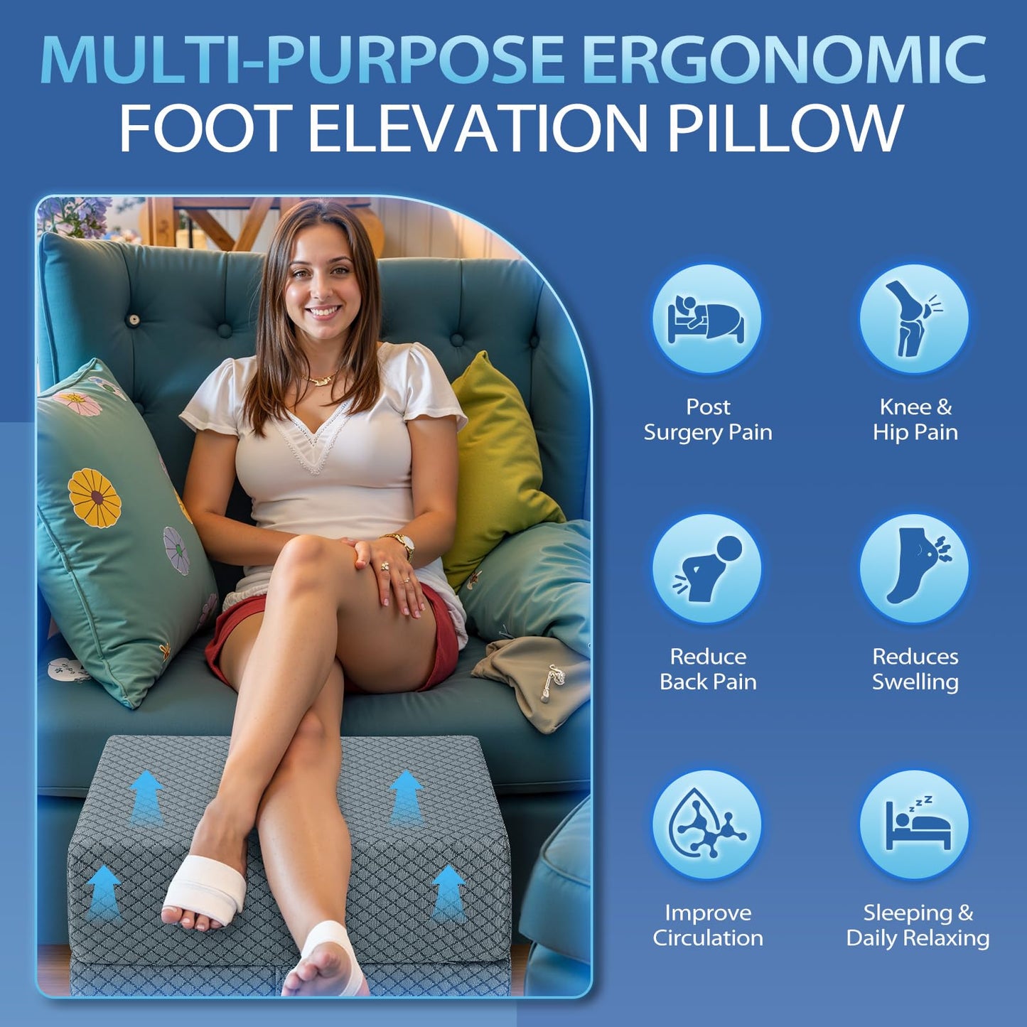 Wellsin 2 Height Adjustable Wedge Leg Pillow for Elevation, Memory Foam Leg Elevation Pillows for Swelling with 3 Handles and Washable Cover