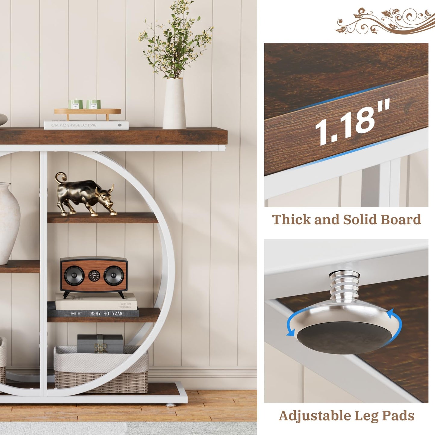 LIFECHOVY 41.3" Console Table for Entryway, Industrial Hallway Sofa Table with Storage Shelves, Narrow Accent Decor Living Room Furniture with Circle Base for Foyer, Entrance, Brown White