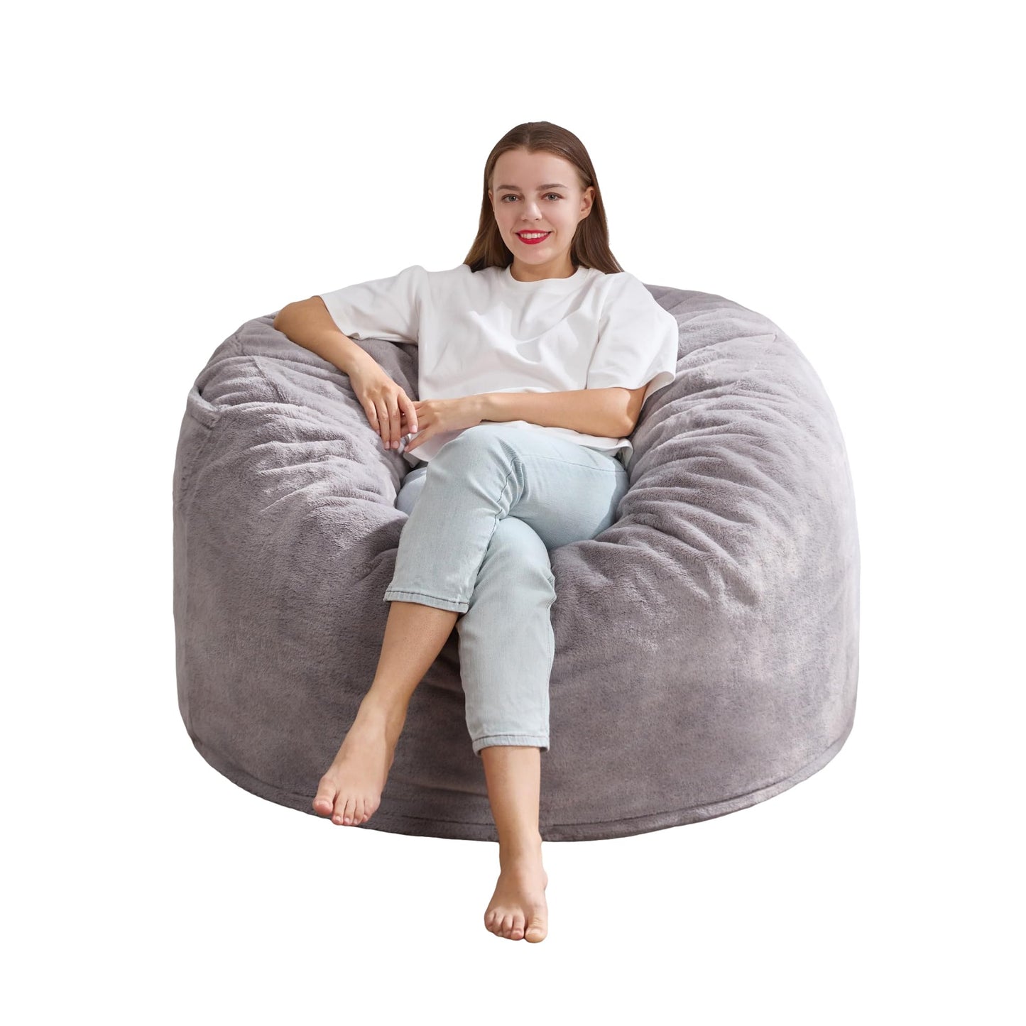 Hobestluk 3ft Bean Bag Chairs for Adults Large Beanbag Chair with Plush Faux Fur Cover Big Bean Bag Chair for Living Room Bedroom Dorm Office - Grey (36” x 36” x 22”)