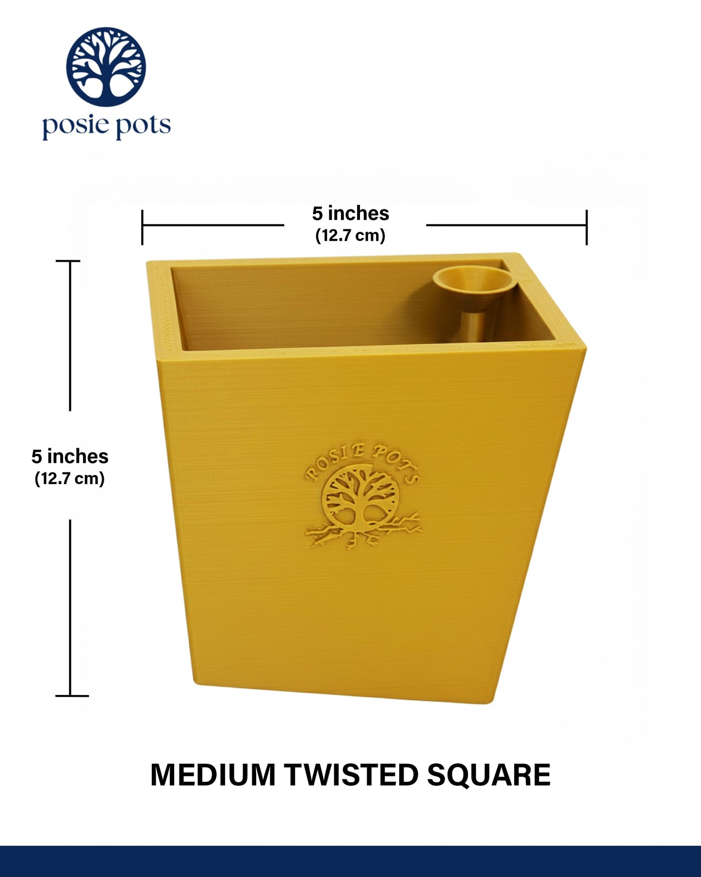 POSIE3DPRINTS Posie Pot Medium Twisted Square - Self Watering Planter 5x5 Inch - Indoor Plant Pot with 30 Day Reservoir - 3D Printed Bioplastic - No Guilt Plant Care - Made in USA, Gold