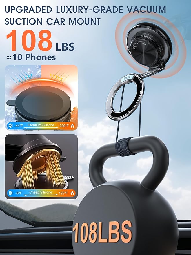 Ultra-Thin Vacuum Magnetic Car Phone Holder for MagSafe[108+LBS Strongest Suction & 3000gf Strongest Magnetic],360°Adjustable Suction Cup Phone Mount for Car,Gym,Mirror,Men Women-Black
