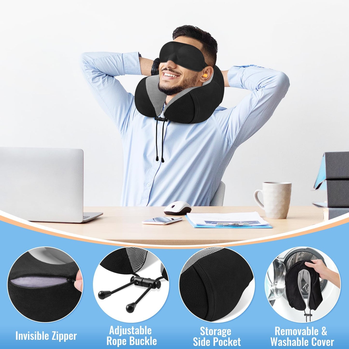 CloudBliss Travel Pillow for Airplane, Memory Foam Neck Pillow for Travel, Compact Flight Pillow with Eye Mask, Earplugs, Carry Bag, Travel Neck Pillow for Long Flight Sleep, Plane Accessories, Black