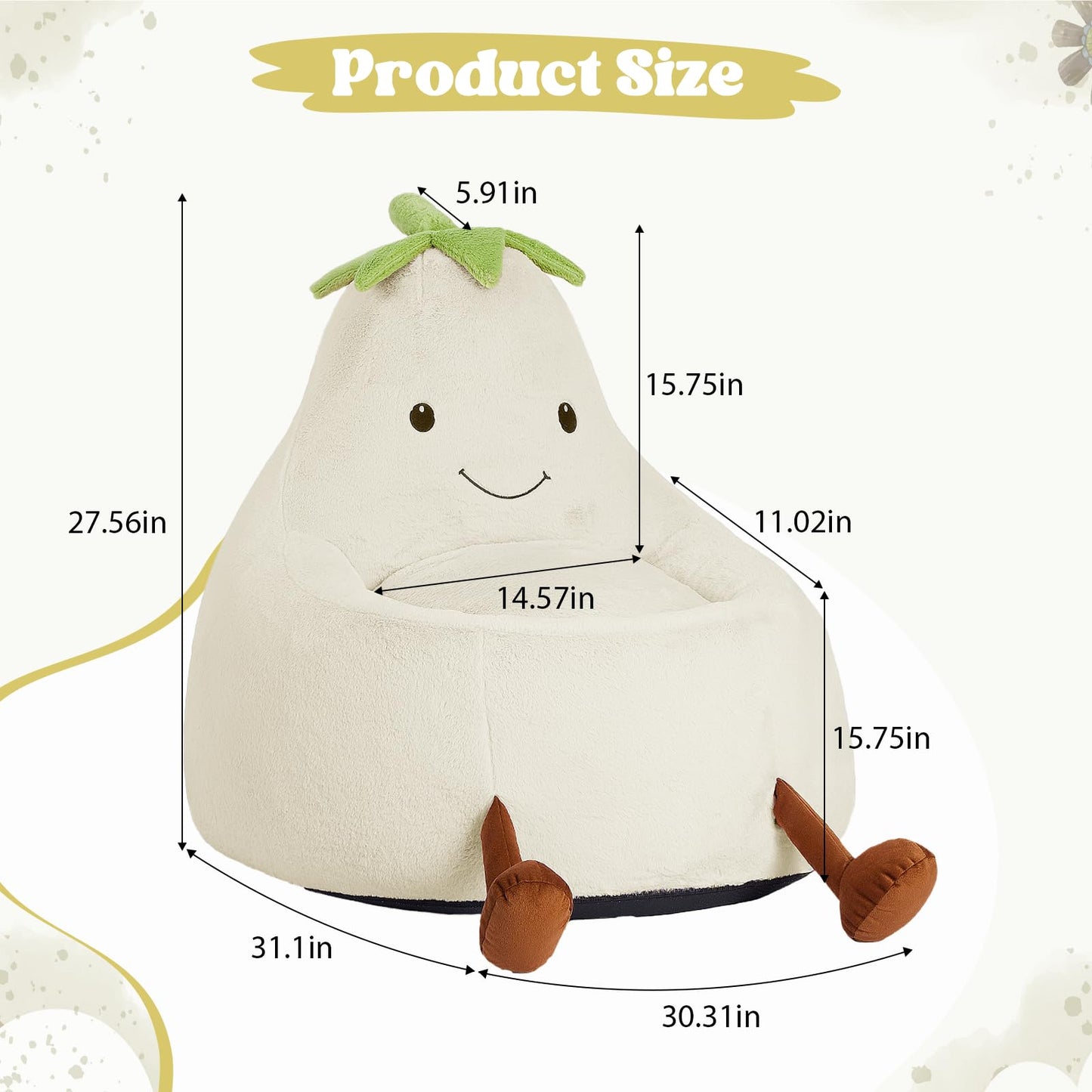 2.5FT Memory Foam Bean Bag Chair - Ultra Soft Faux Rabbit Fur Round Sofa with Handle & Machine Washable Cover, Comfy Lazy Chair for Kids Teens, Perfect for Reading Gaming in Living Room Bedroom，Beige