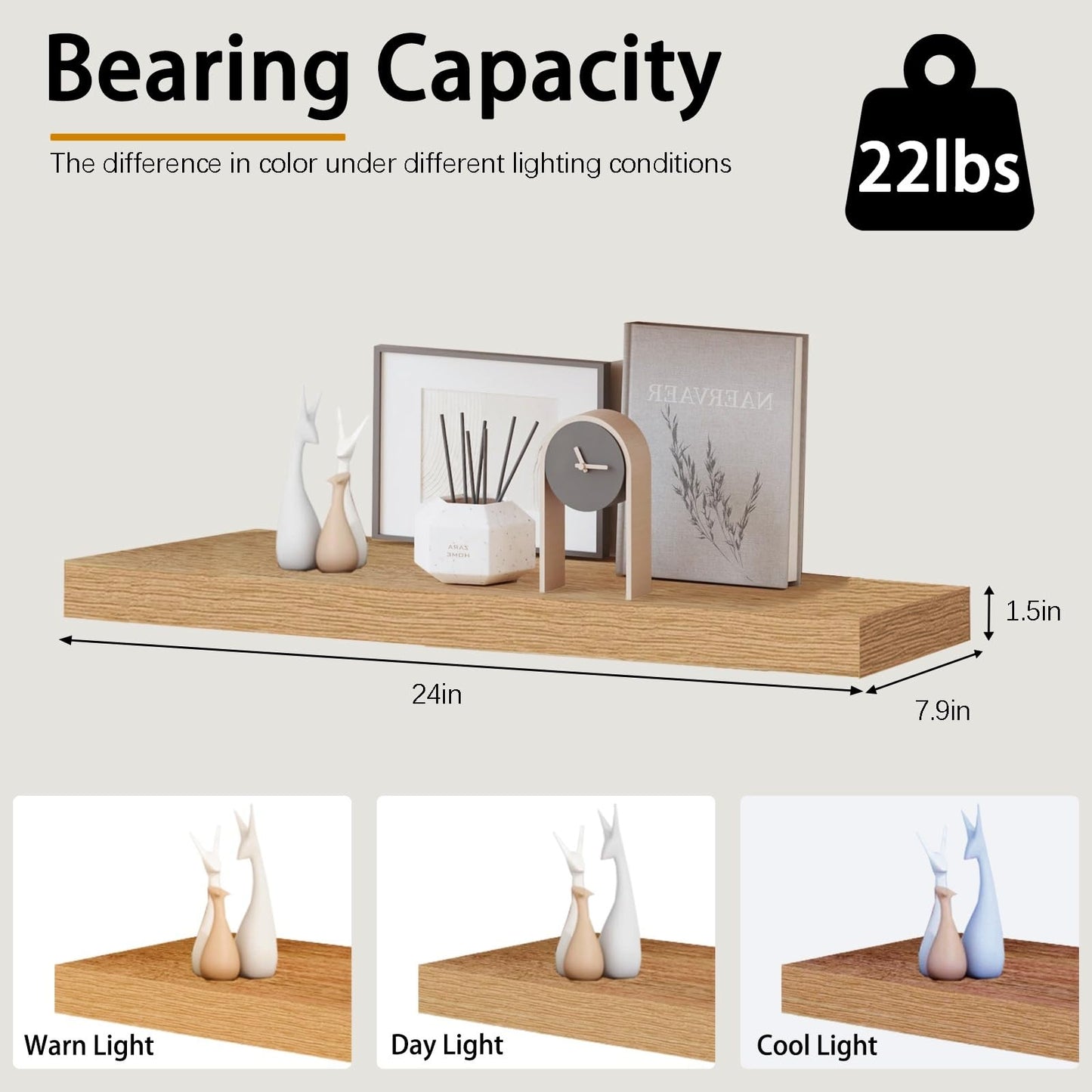 INHABIT UNION Oak Floating Shelves for Wall，24in Wall Mounted Display Ledge Shelves Perfect for Bedroom, Bathroom, Living Room and Kitchen Decoration Storage (Oak, Set of 2)