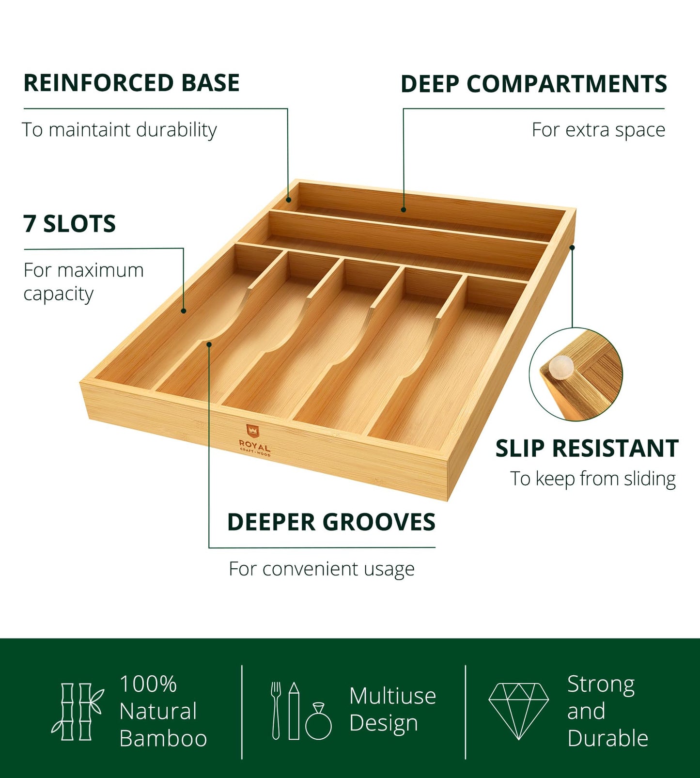 ROYAL CRAFT WOOD Luxury Bamboo Utensil Rack and Silverware Organizer, Kitchen Drawer Organizer - Utensil Holder and Cutlery Tray with Grooved Drawer Dividers for Flatware 7 Slot, Natural