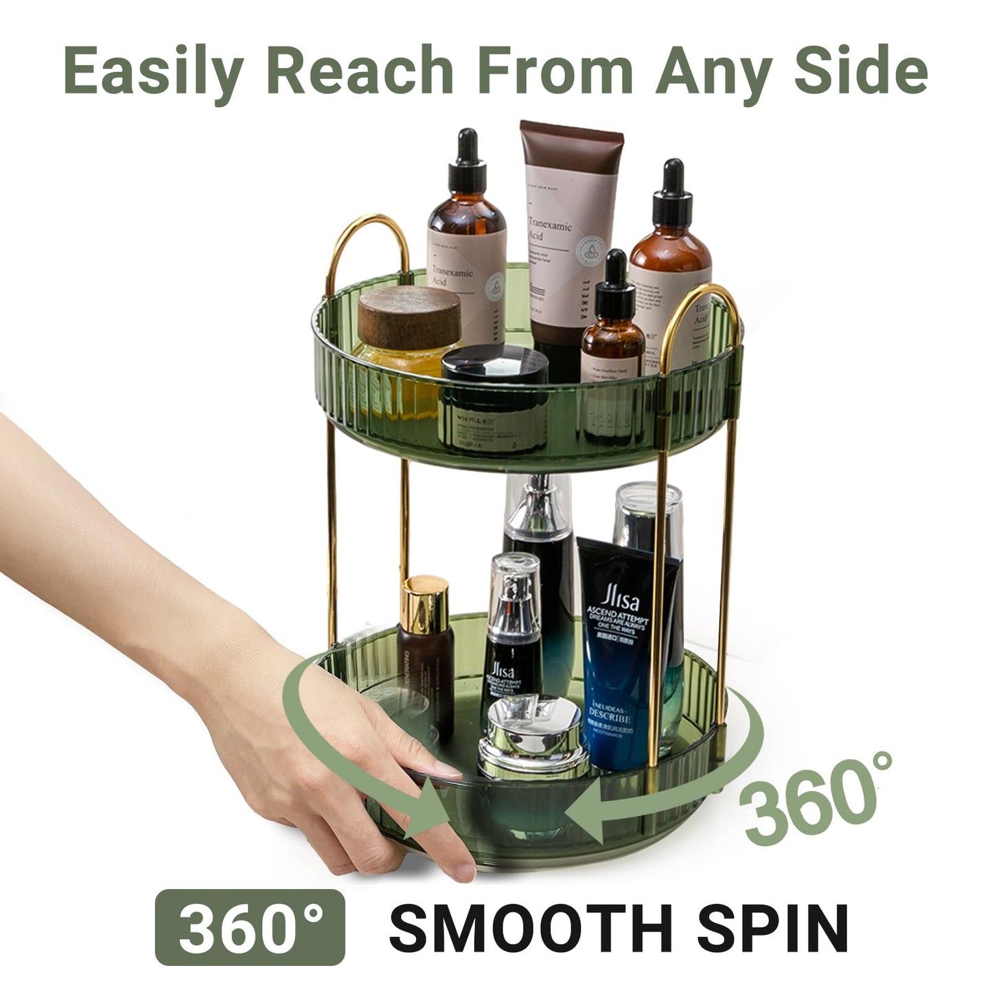 Asayuee 360 Rotating Makeup Organizer for Vanity,2 Tier Large Capacity Skincare Organizers,Bathroom Counter Organizer, Spinning Perfume Organizer & Vanity Organizer (Green-2 Tier)