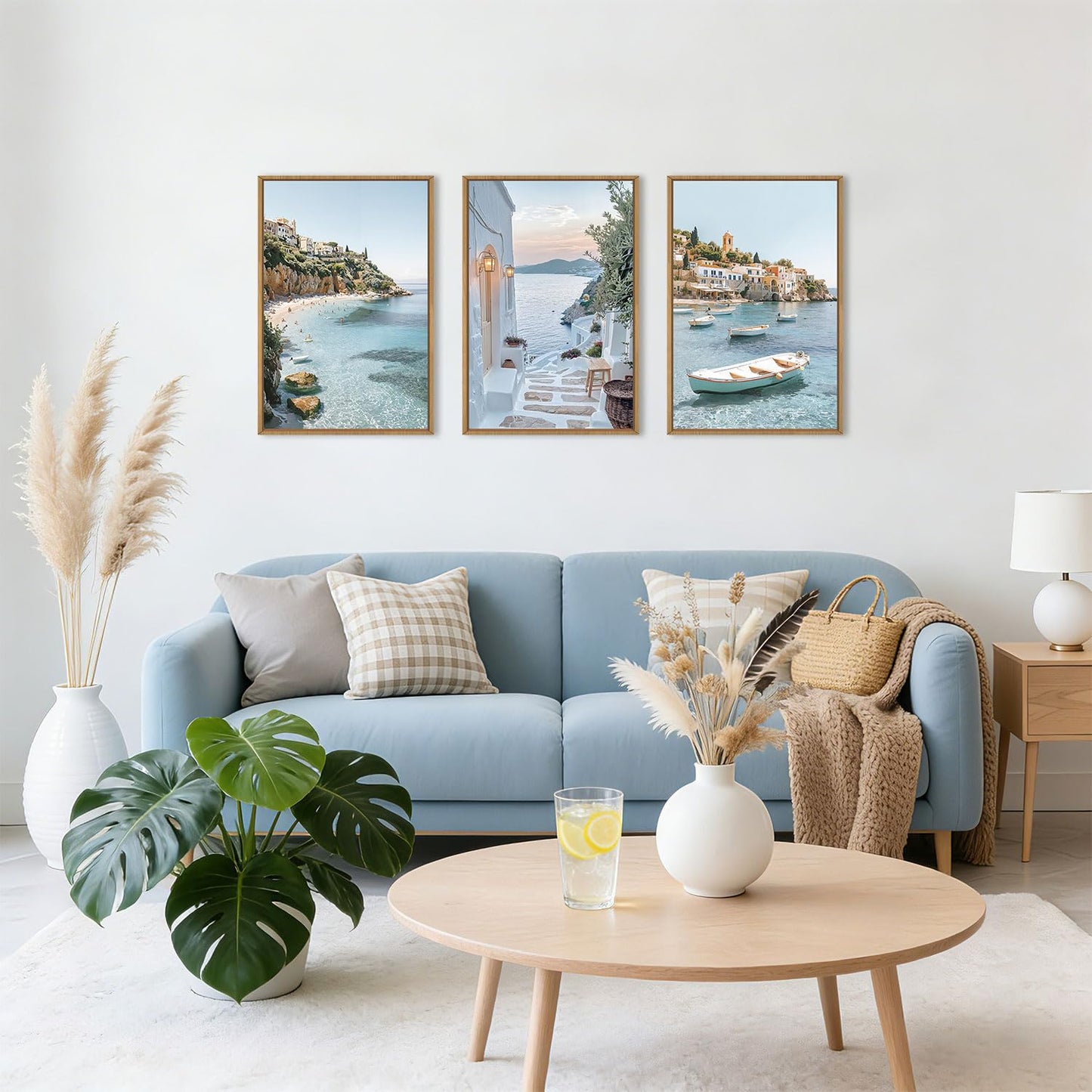 Aryroi Greek Island Coastal Framed Canvas Wall Art Set,Modern Mediterranean Whitewashed Architecture Scenery Wall Decor,Natural Blue Beach Boat Landscape Artwork for Living Room,Farmhouse- 24"x36"x3
