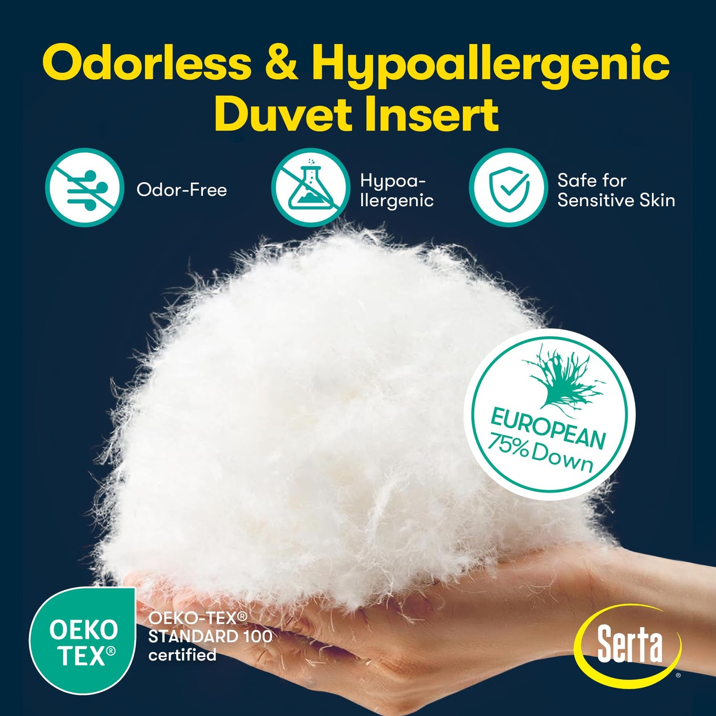 Serta European Down Comforter Queen Size All Season, 100% Cotton, 600 Fill Power Extra Fluffy, Made in USA, White Down Duvet Insert, Lightweight Medium Warmth, Hotel Style, 90"x 90" White